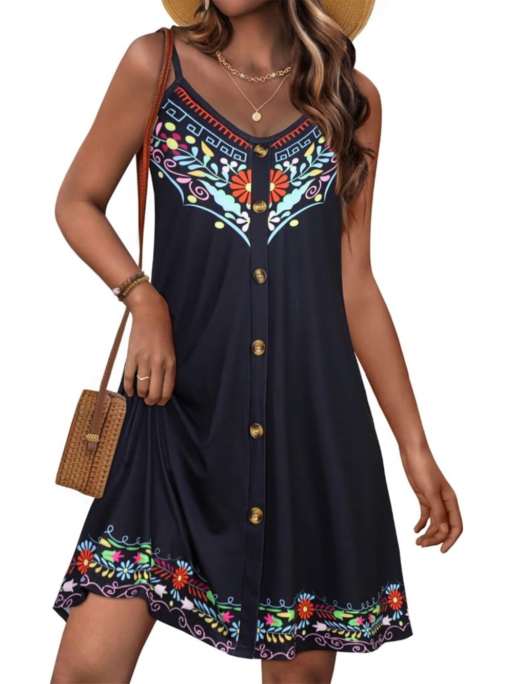 Women's Black Boho Summer Spaghetti Strap Button Down V Neck Sundress Beach